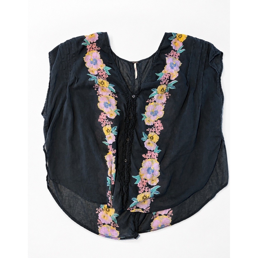 Free People Floral Embroidered Sheer Boho Blouse Top Black Women Size Medium - Picture 1 of 8